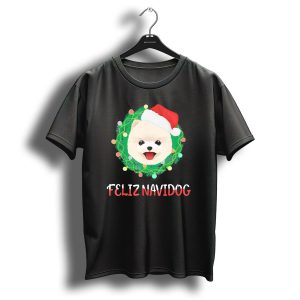 Feliz Navidog Pomeranian Christmas Wreath Santa Hat T Shirt