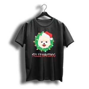 Feliz Navidog Pomeranian Christmas Wreath Santa Hat T-Shirt