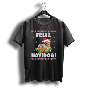 Feliz Navidog Yorkshire Terrier Santa Hat Christmas Snowflakes Gifts T Shirt