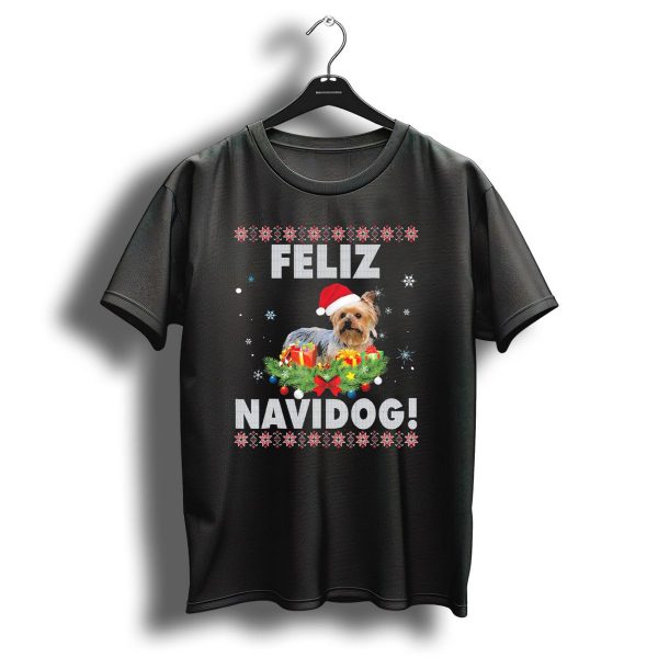 Feliz Navidog Yorkshire Terrier Santa Hat Christmas Snowflakes Gifts T Shirt 1 t shirt 1