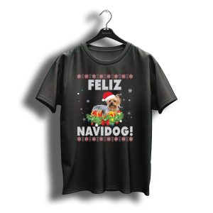 Feliz Navidog Yorkshire Terrier Santa Hat Christmas Snowflakes Gifts T-Shirt