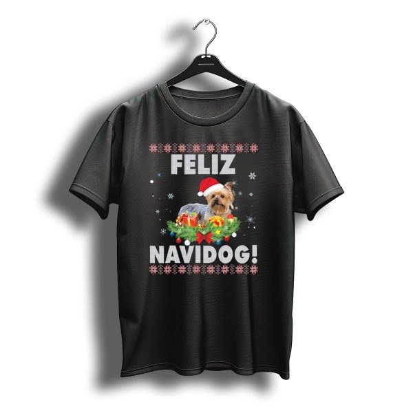 Feliz Navidog Yorkshire Terrier Santa Hat Christmas Snowflakes Gifts T Shirt t shirt 1
