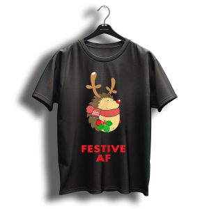 Festive Af Funny Christmas Hedgehog With Reindeer Antlers And Scarf T-Shirt