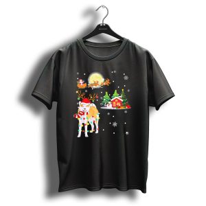 Festive Akita Inu With Santa And Reindeer Under The Christmas Moon T Shirt