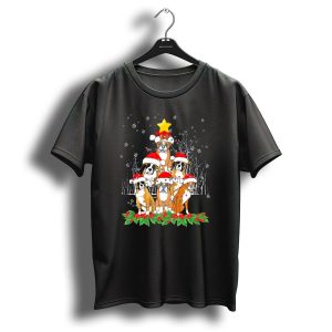 Festive Boxer Dogs With Santa Hats And Star Christmas Tree Arrangement T Shirt