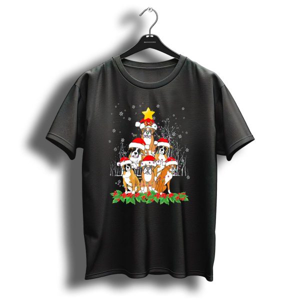 Festive Boxer Dogs With Santa Hats And Star Christmas Tree Arrangement T Shirt 1 t shirt 1