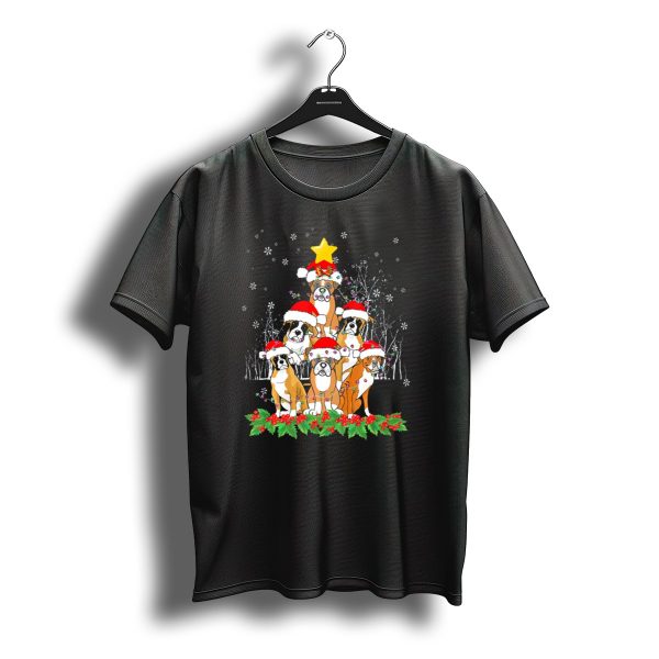 Festive Boxer Dogs With Santa Hats And Star Christmas Tree Arrangement T Shirt t shirt 1