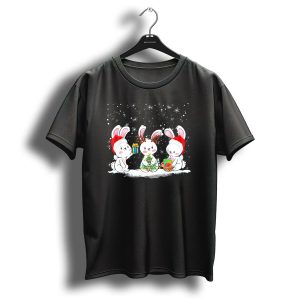 Festive Christmas Bunny Rabbit Trio With Gifts And Santa Hats T Shirt