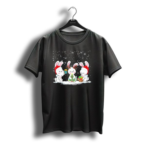 Festive Christmas Bunny Rabbit Trio With Gifts And Santa Hats T Shirt t shirt 1