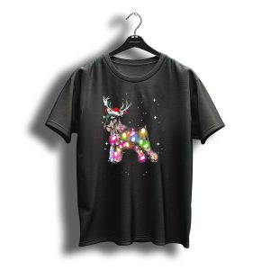 Festive Christmas Lights Standard Schnauzer With Santa Hat And Reindeer Antlers T-Shirt