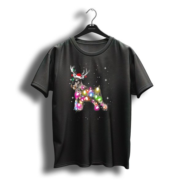 Festive Christmas Lights Standard Schnauzer With Santa Hat And Reindeer Antlers T Shirt t shirt 1
