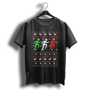 Festive Christmas Running Santa Hat Reindeer Trees Snowflakes T Shirt