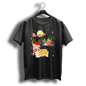 Festive Christmas Welsh Corgi With Santa And Reindeer In Winter Wonderland T Shirt