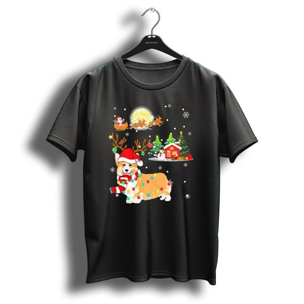 Festive Christmas Welsh Corgi With Santa And Reindeer In Winter Wonderland T Shirt 1 t shirt 1