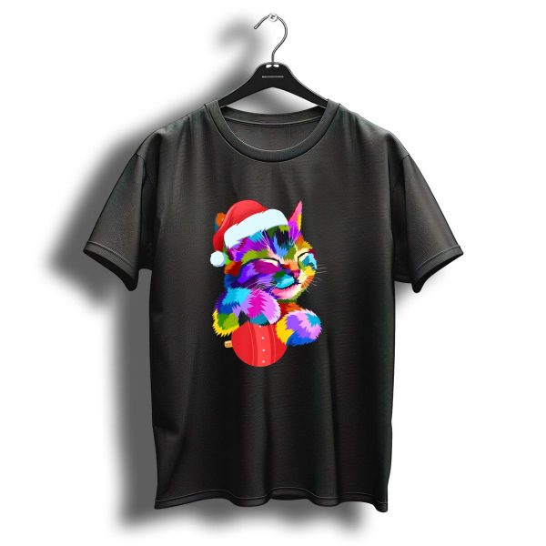 Festive Colorful Cat With Santa Hat Hugging Christmas OrnamentAe T Shirt 1 t shirt 1