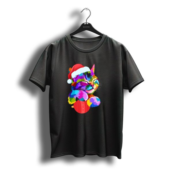 Festive Colorful Cat With Santa Hat Hugging Christmas OrnamentAe T Shirt t shirt 1