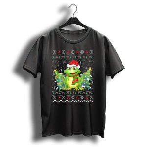 Festive Frog With Santa Hat And Christmas Trees Snowflakes And Reindeer T Shirt