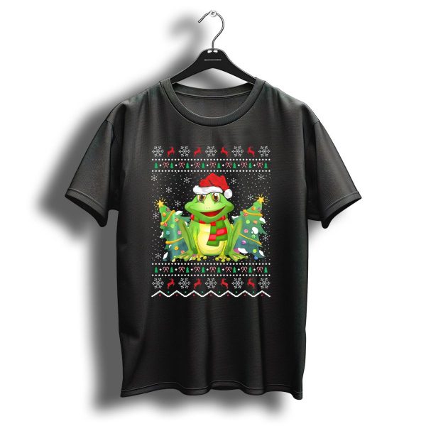 Festive Frog With Santa Hat And Christmas Trees Snowflakes And Reindeer T Shirt 1 t shirt 1