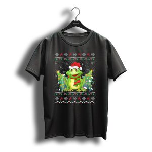 Festive Frog With Santa Hat And Christmas Trees Snowflakes And Reindeer T-Shirt