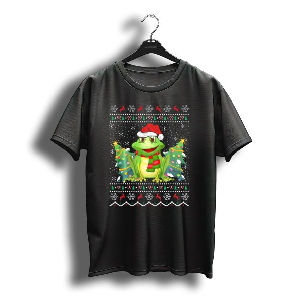 Festive Frog With Santa Hat And Christmas Trees Snowflakes And Reindeer T Shirt t shirt 1