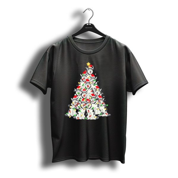 Festive Husky Christmas Tree With Santa Hats And Lights T Shirt t shirt 1