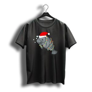 Festive Manatee Santa Hat Ugly Christmas Lights T-Shirt