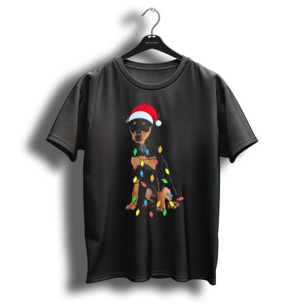 Festive Miniature Pinscher With Santa Hat And Christmas Lights T Shirt 1 t shirt 1