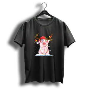 Festive Pig Reindeer With Santa Hat And Christmas Lights T Shirt