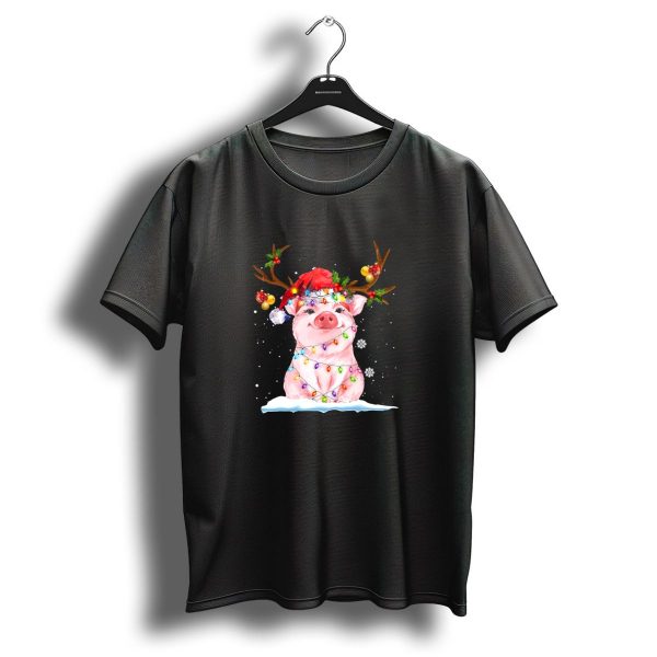 Festive Pig Reindeer With Santa Hat And Christmas Lights T Shirt 1 t shirt 1