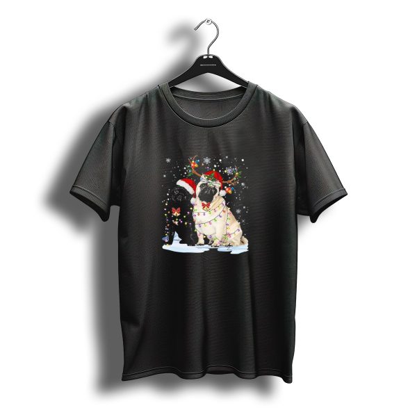 Festive Pug Christmas With Santa Hats And Reindeer Antlers T Shirt t shirt 1
