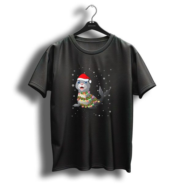 Festive Seal Wrapped In Christmas Lights And Santa Hat Amidst Snowflakes T Shirt 1 t shirt 1