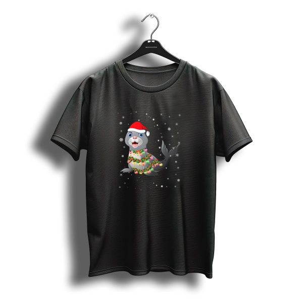 Festive Seal Wrapped In Christmas Lights And Santa Hat Amidst Snowflakes T Shirt t shirt 1