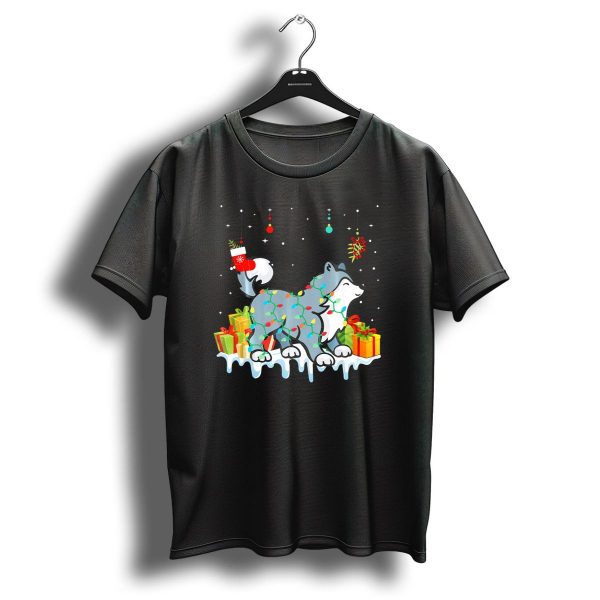 Festive Siberian Husky With Christmas Lights And Gifts T Shirt 1 t shirt 1