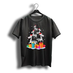 Festive Zebra Stacking With Santa Hats And Colorful Christmas Presents T-Shirt