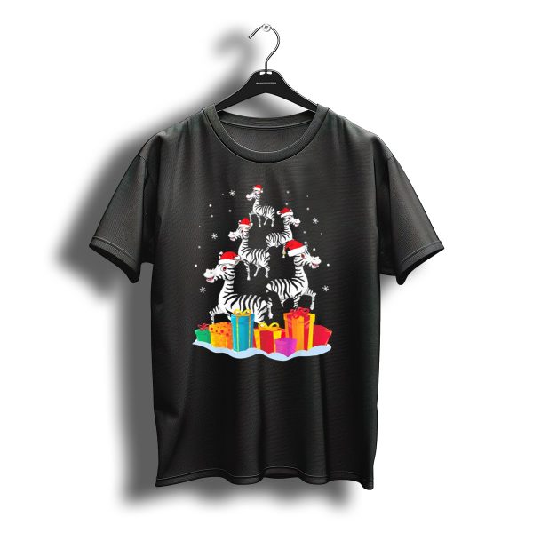 Festive Zebra Stacking With Santa Hats And Colorful Christmas Presents T Shirt t shirt 1