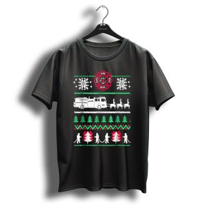 Fire Dept Christmas Firetruck Santa Reindeer Snowflakes Trees T Shirt
