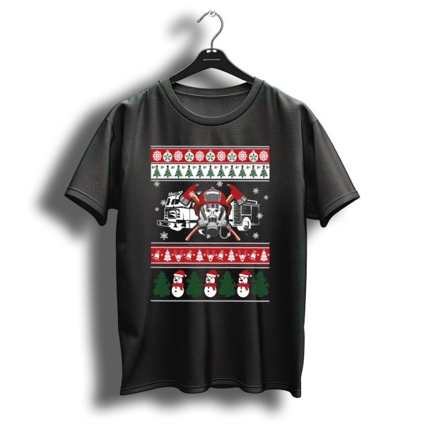 Firefighter Christmas Festive Holiday Sweater Design With Fire Truck And Axes T Shirt 1 t shirt 1