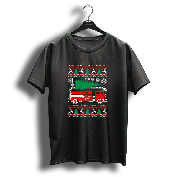Firefighter Christmas Fire Truck With Tree Ugly T Shirt 1 t shirt 1