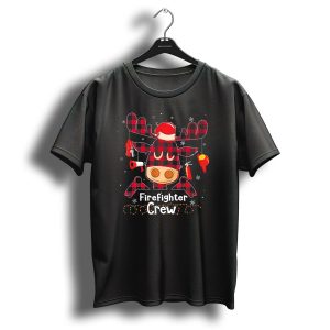 Firefighter Crew Red Plaid Reindeer Face With Christmas Accessories T Shirt