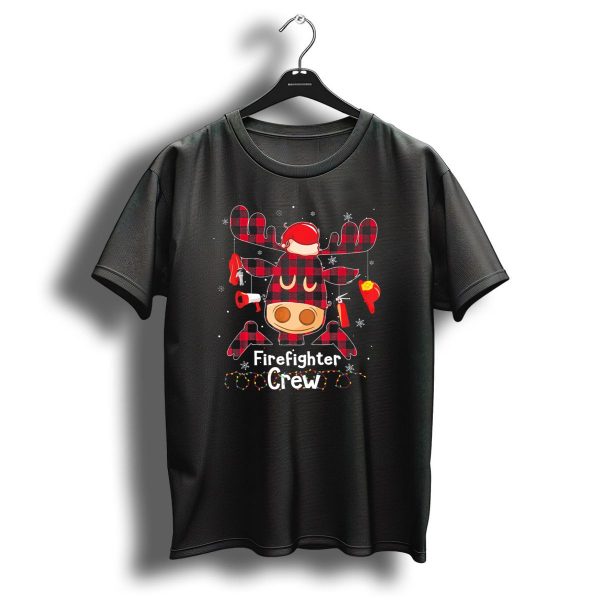 Firefighter Crew Red Plaid Reindeer Face With Christmas Accessories T Shirt 1 t shirt 1
