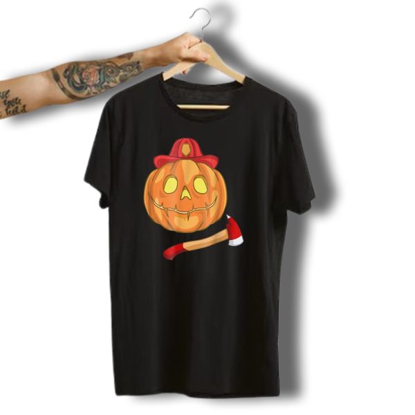 Firefighter Pumpkin Face With Hat And Axe Halloween Fun T Shirt t shirt 1