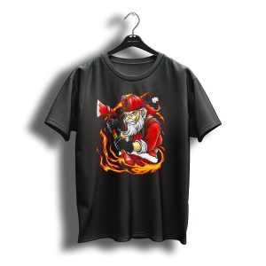 Firefighter Santa Claus With Axe And Flames Christmas T-Shirt