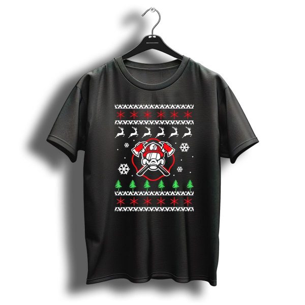 Fireman Christmas Ugly Sweater Design With Snowflakes And Reindeer T Shirt 1 t shirt 1
