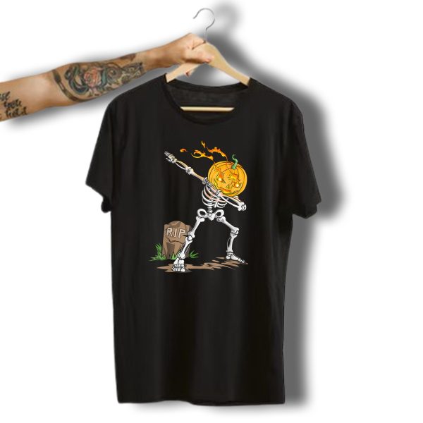 Flaming Pumpkin Head Dabbing Skeleton Rip Halloween T Shirt t shirt 1