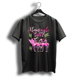 Flamingle Bells Flamingos With Christmas Santa Hats And Holiday Greenery T Shirt 1
