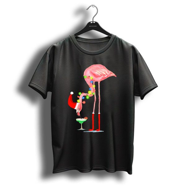 Flamingo Christmas Cocktail Santa Hat And Lights T Shirt 1 t shirt 1