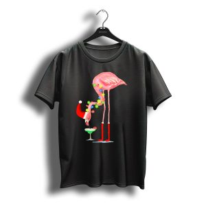 Flamingo Christmas Cocktail Santa Hat And Lights T-Shirt