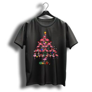 Flamingo Christmas Tree Funny Holiday Design With Santa Hats And Ornaments T-Shirt