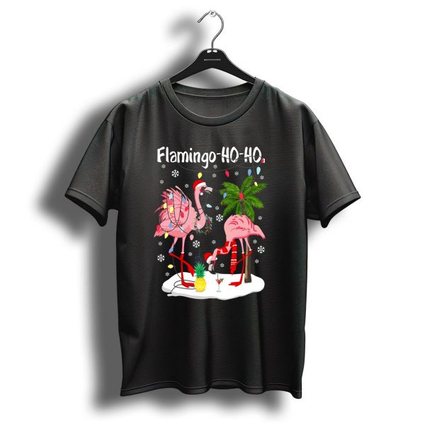 Flamingo Ho Ho Christmas Lights And Snowflakes Holiday Scene T Shirt 1 t shirt 1