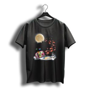 Flamingo Santa Christmas Camper Under Moonlit Snowy Night T-Shirt